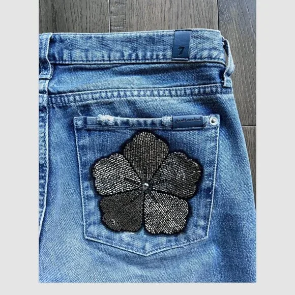 7 For All Mankind Maribel Bootcut Jeans Size 28 Beaded Floral Embellished Denim - Picture 3 of 10